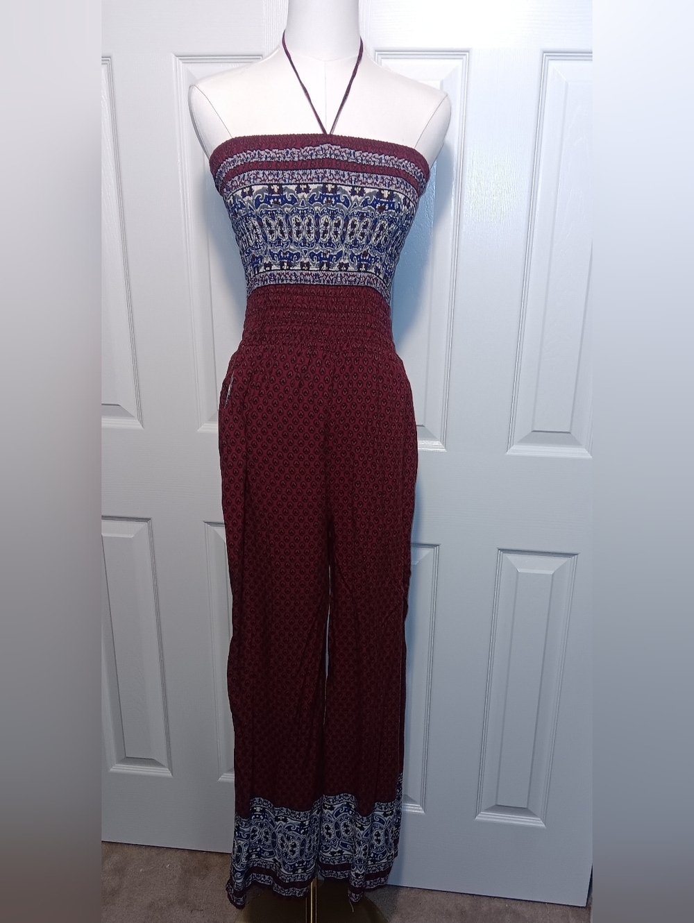 Peachy Girl Burgundy Smocked Boho Style Halter Jumpsuit with Border Detail